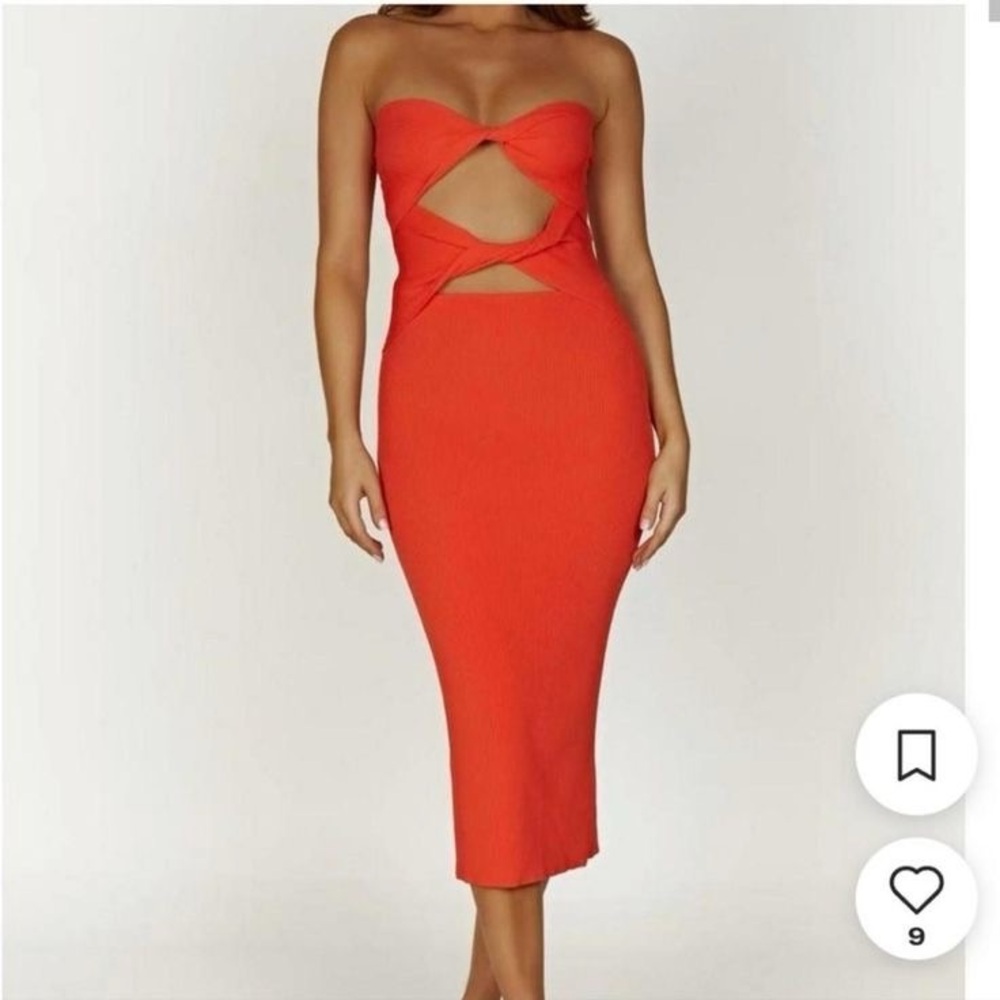 Meshki Bodycon Sunset Orange Gabrielle Twist Knit Midi Dress Size M New